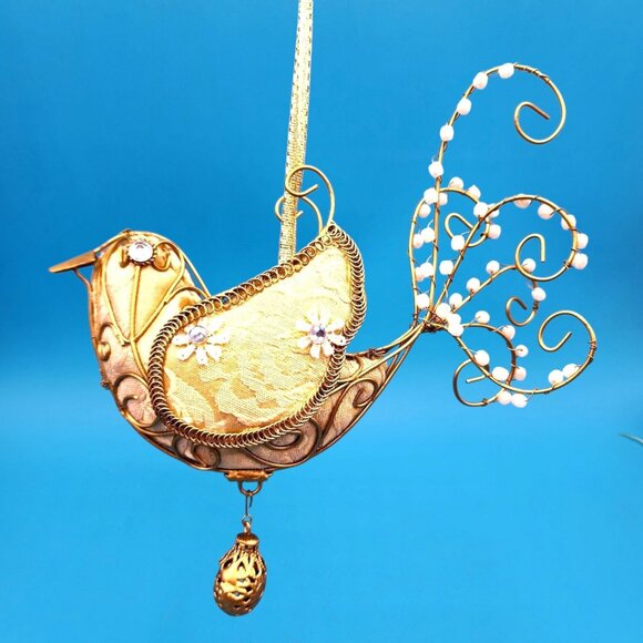 Victorian Bird Ornament Tapestry Gold Beaded Frame Rhinestone Flowers Drop Bead - Picture 2 of 9